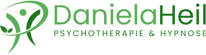 Logo von Daniela Heil Psychotherapie & Hypnose nach dem Heilpraktikergesetz mit grünen Farben auf weißem Hintergrund.